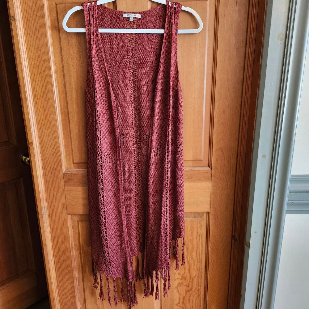 Women's Cozy Casual Rust Sleeveless Fringe Cardigan M/L B1